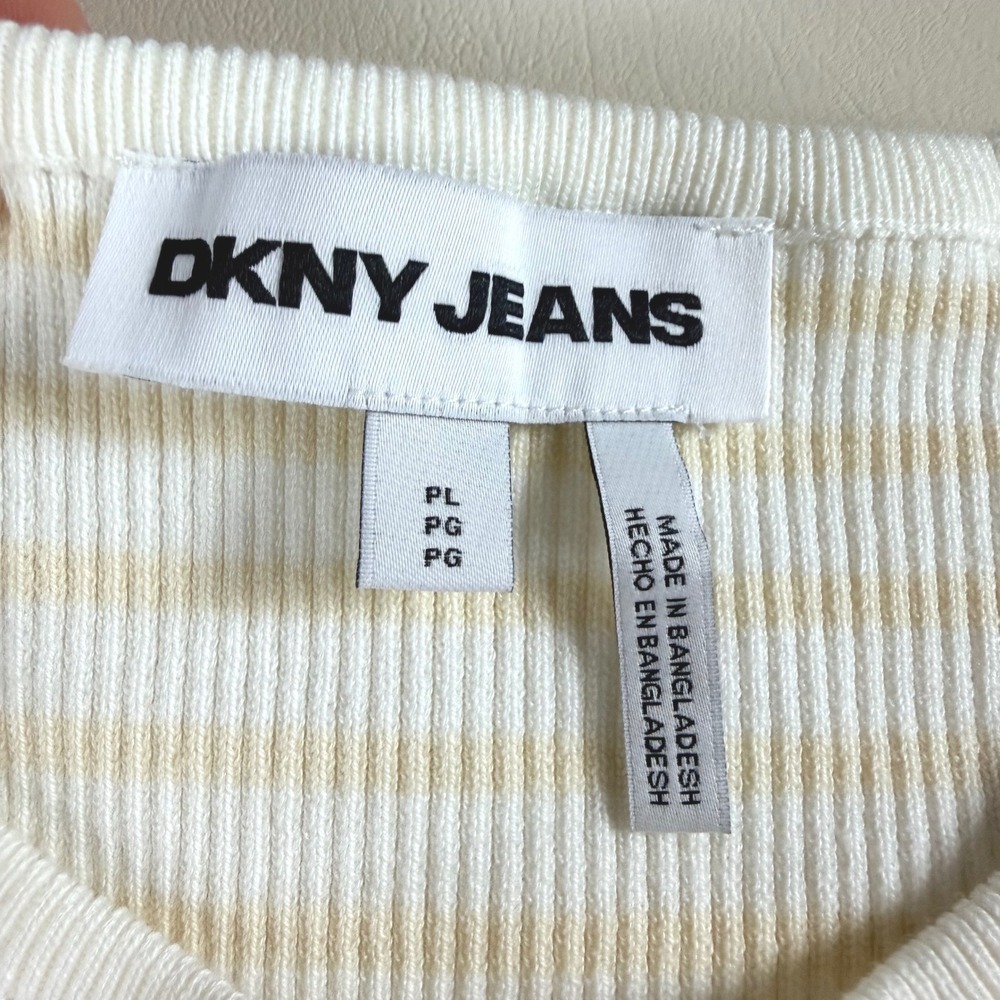 DKNY Jeans Womens LP White Tan Striped Ribbed Knit Short Sleeve Top NWT - Picture 6 of 11
